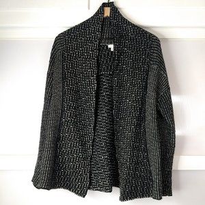 J. Jill Black White Knit Open Front Sweater Medium Ribbed Stripes Long Sleeves